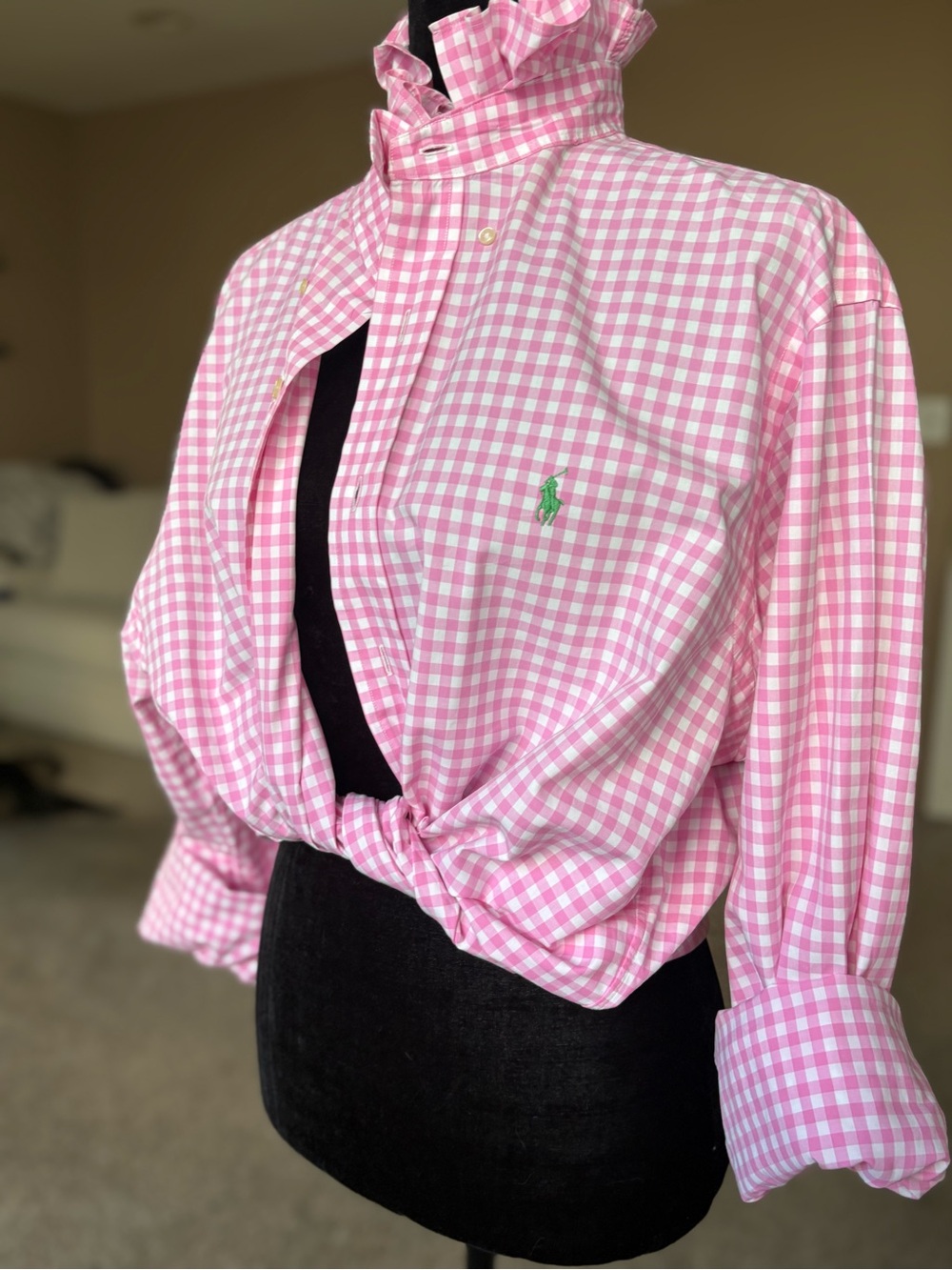 Reworked Ralph Lauren Pink and White Gingham Ruffle-Collar Button-Down - Picture 2 of 7